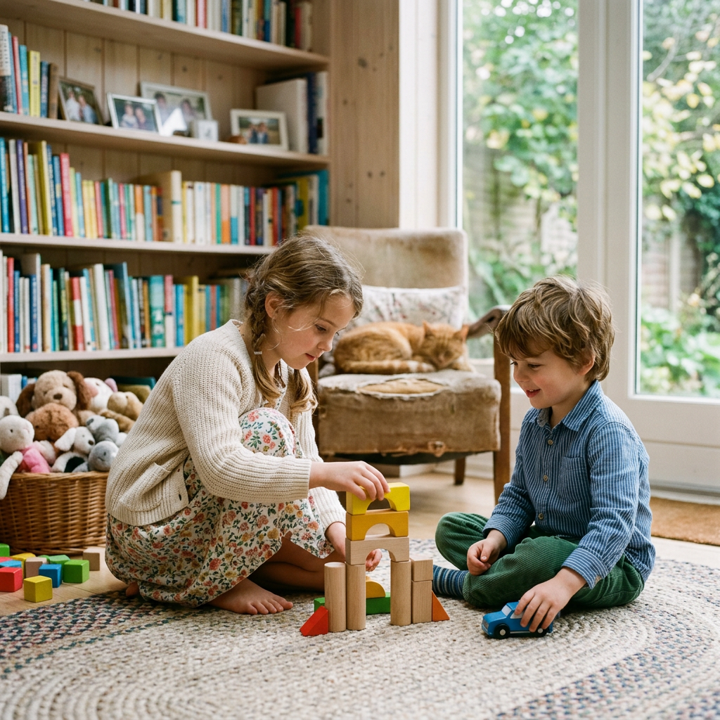 Young girl and boy playing with wooden block tower on a rug indoors