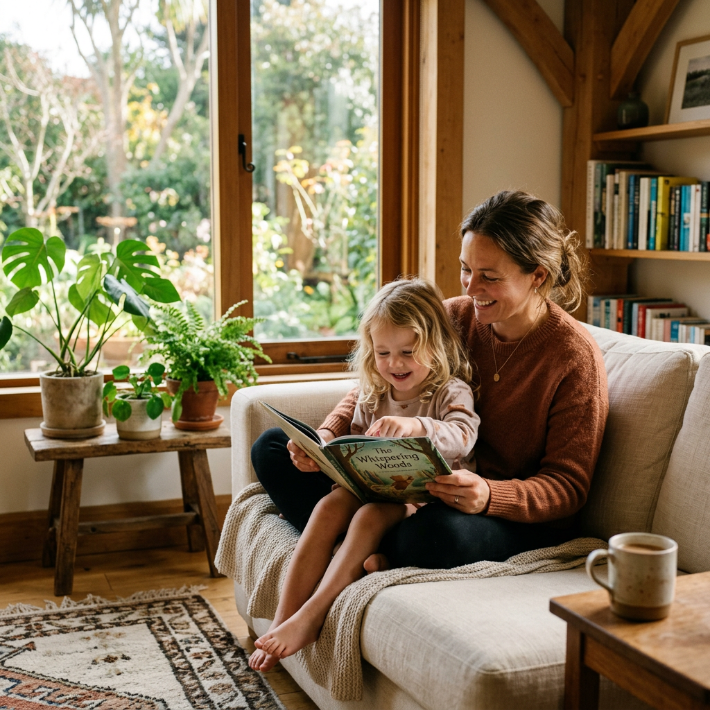 Mother and child reading a book titled The Whispering Woods on a couch